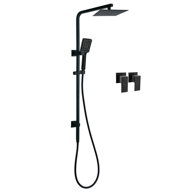 WELS Matt Black 8" Rainfall Shower Head 3 Modes Handheld Wall Rail Arm 2in1 Taps Set.