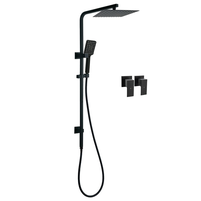 Matt Black Twin Shower Set Square 10" Rain Head 3 Modes Handheld Wall Arm Rail + Taps.