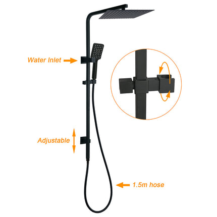 Dual Shower Square Large 12" Rainfall Head 3 Modes Handheld Wall Rail Mixer Matt Black.