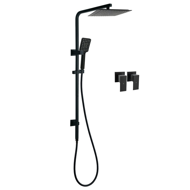Matt Black Dual Shower Square 10" Rain Head 3 Modes Handheld Brass Silde Rail Twin Taps.