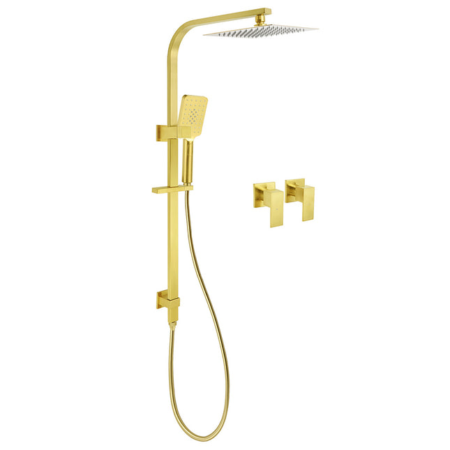 Brushed Gold 2in1 Set 8" Square Rain Shower Head 3 Modes Handheld Silde Rail Arm Twin Taps.