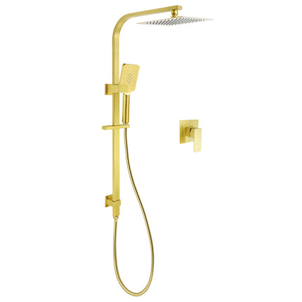 WELS Brushed Gold 2in1 Set 8" Square Rain Shower Head 3 Modes Handheld Silde Rail Arm + Mixer.