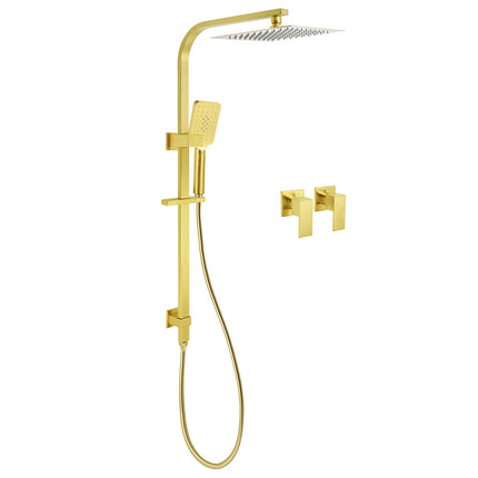 WELS Brushed Gold Square Shower 10" Thin Rain Head Handheld Silde Rail Arm 2in1 Taps Set.