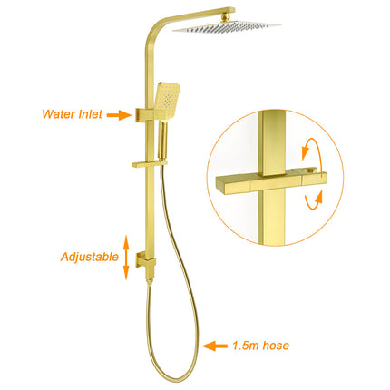 WELS Brushed Gold Square Shower 10" Thin Rain Head Handheld Silde Rail Arm 2in1 Taps Set.