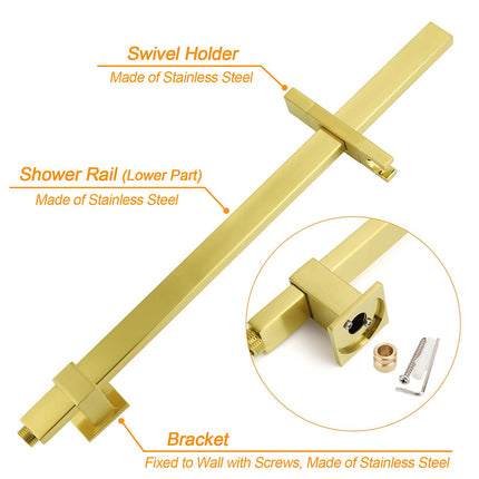 WELS Brushed Gold Square Shower 10" Thin Rain Head Handheld Silde Rail Arm 2in1 Taps Set.