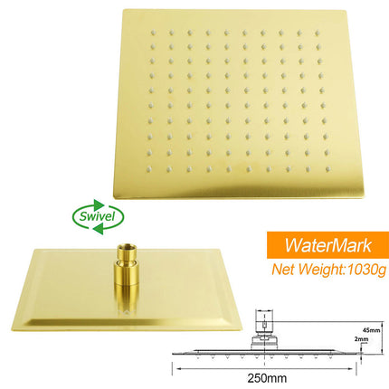 WELS Brushed Gold Square Shower 10" Thin Rain Head Handheld Silde Rail Arm 2in1 Taps Set.