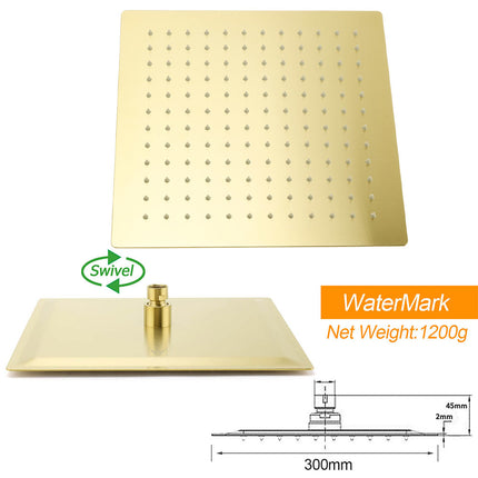 WELS Brushed Gold Square Shower 12" Large Rain Head Handheld Silde Rail Arm 2in1 Set.