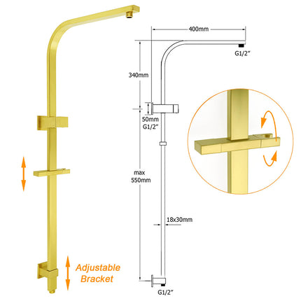 WELS Brushed Gold Square Shower 12" Large Rain Head Handheld Silde Rail Arm 2in1 Set.