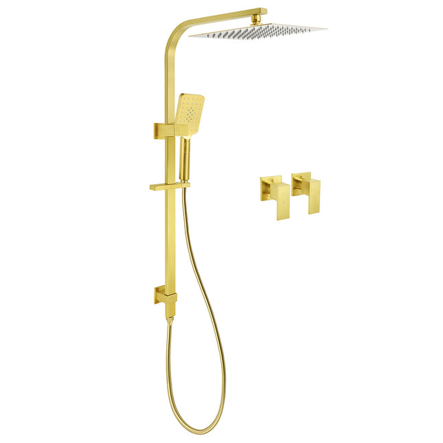 WELS Brushed Gold Square Shower 12" Large Rain Head 3 Modes Handheld Silde Rail Arm 2in1 Taps Set.