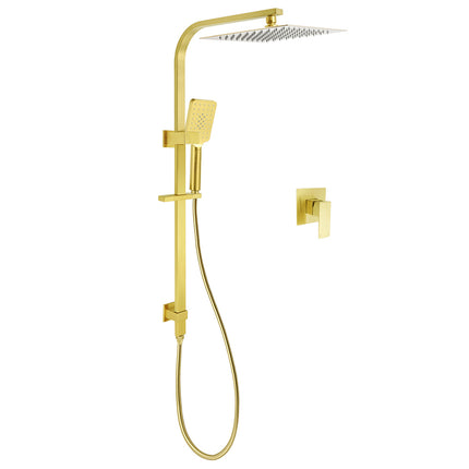 Brushed Gold Square Dual Shower 12" Large Rain Head Handheld Silde Rail Arm 2in1 Set + Mixer.