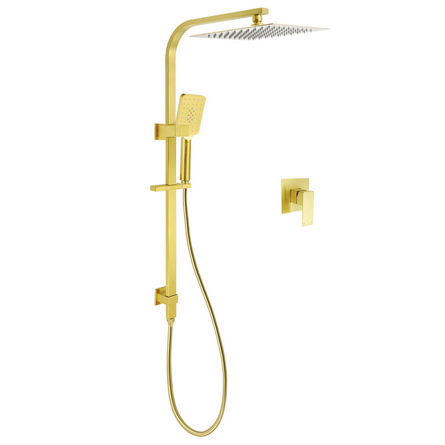 Brushed Gold Square Dual Shower 12" Large Rain Head Handheld Silde Rail Arm 2in1 Set + Mixer.