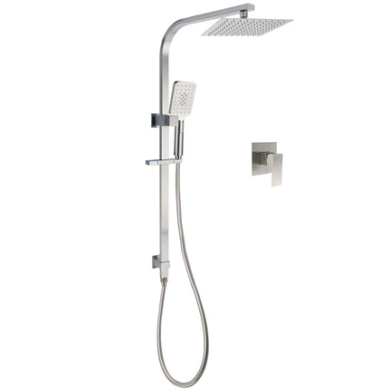 Brushed Nickel Square Twin Shower Set 8" Rain Head 3 Modes Handheld Silding Rail Mixer.