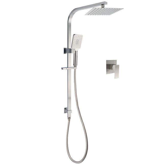 Brushed Nickel Square Twin Shower Set 8" Rain Head 3 Modes Handheld Silding Rail Mixer.