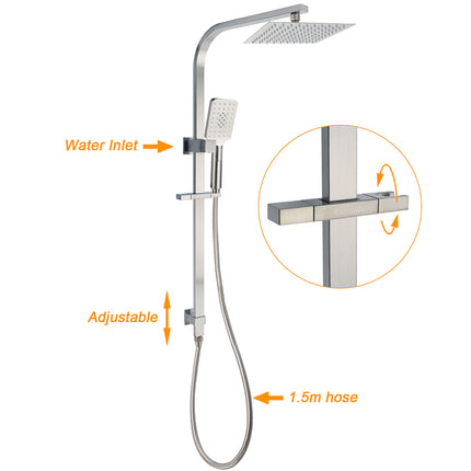 Brushed Nickel Square Twin Shower Set 8" Rain Head 3 Modes Handheld Silding Rail Mixer.