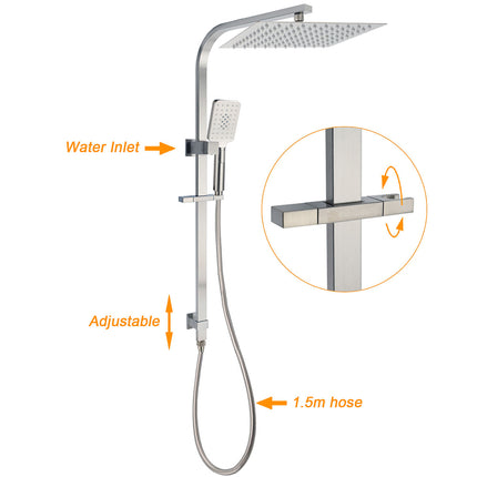 Brushed Nickel Square 2in1 Shower Set Large 12" Rain Head 3 Modes Handheld Silding Rail Arm.