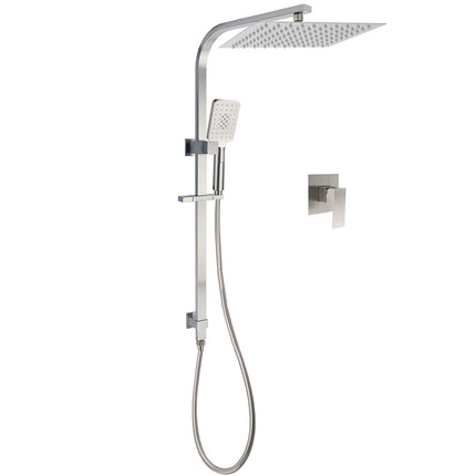 Brushed Nickel Square Twin Shower Set 12" Rain Head 3 Modes Handheld Silding Rail Wall Mixer.