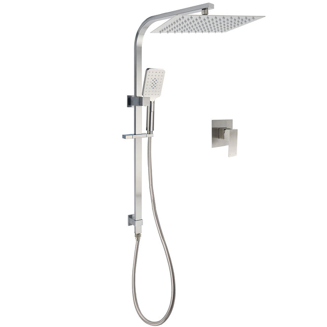 Brushed Nickel Square Twin Shower Set 12" Rain Head 3 Modes Handheld Silding Rail Wall Mixer.