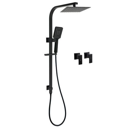 Matt Black Square Twin Shower Set 8" Rain Head 3 Modes Handheld Silde Rail Arm + Taps.