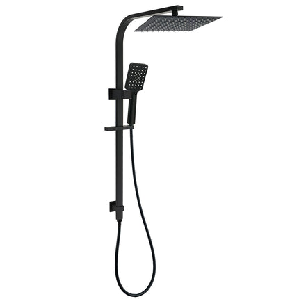 WELS Matt Black Dual Shower Set 10" Square Rain Head Handheld Silde Rail Arm Kit.
