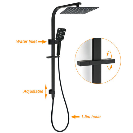 WELS Matt Black Dual Shower Set 10" Square Rain Head Handheld Silde Rail Arm Kit.