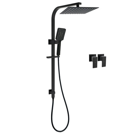 WELS Matt Black 2in1 Shower Set 10" Square Rain Head Handheld Silde Rail Arm Twin Taps.
