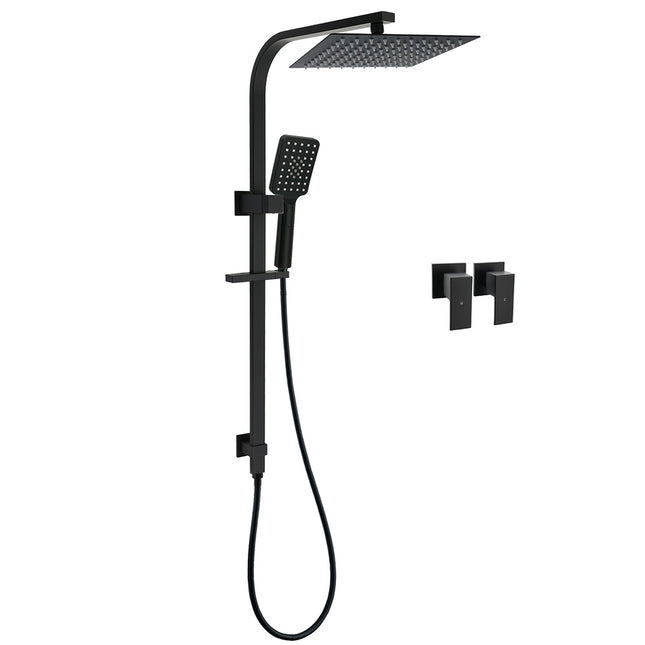 WELS Matt Black 2in1 Shower Set 10" Square Rain Head Handheld Silde Rail Arm Twin Taps.