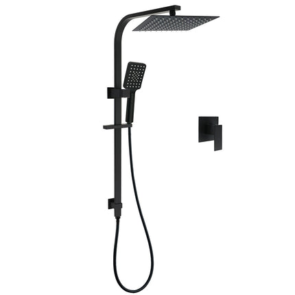 WELS Matt Black 2in1 Shower Set 10" Square Rain Head Handheld Silde Rail Arm Mixer Valve.
