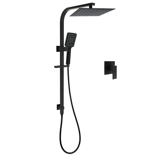 WELS Matt Black 2in1 Shower Set 10" Square Rain Head Handheld Silde Rail Arm Mixer Valve.