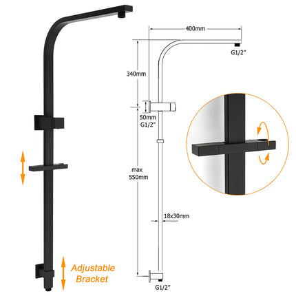 2in1 Shower Set Matt Black 12" Rainfall Head 3 Modes Handheld Silding Rail Combo.