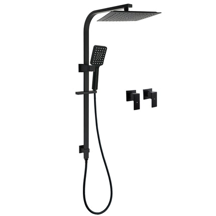 Matt Black Square Twin Shower 10" Rain Head 3 Modes Handheld Silde Rail Arm Taps Set.