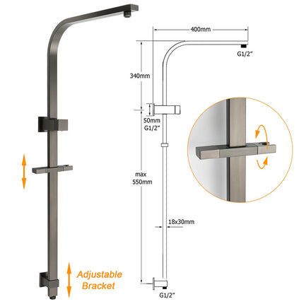 Gun Metal Double Square Shower Head Set 10" Rain Handheld Sliding Rail Diverter.
