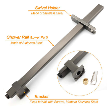 Gun Metal Double Square Shower Head Set 10" Rain Handheld Sliding Rail Diverter.