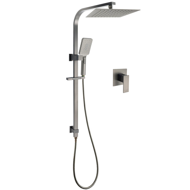 WELS Gun Metal Double Square Shower Head Set 10" Rain Handheld Sliding Rail Diverter Wall Mixer.