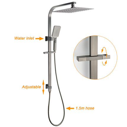 WELS Gun Metal Double Square Shower Head Set 12" Rain Handheld Sliding Rail 2 Way Switch.