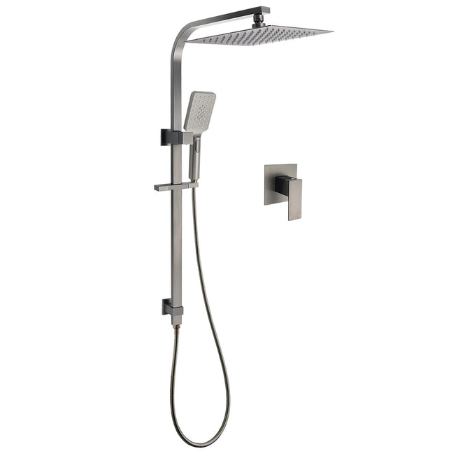 WELS Gun Metal Twin Shower Head Square Set 12" Rain Handheld Sliding Rail Diverter Wall Mixer.