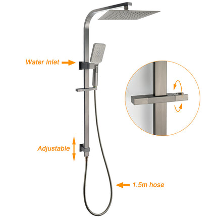 WELS Gun Metal Twin Shower Head Square Set 12" Rain Handheld Sliding Rail Diverter Wall Mixer.