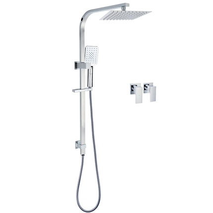 Chrome Twin Square Shower Set 8" Rain Shower Head 3 Function Handheld Rail Arm Taps.