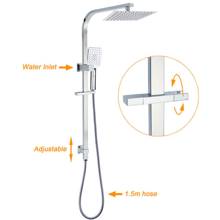 Chrome Twin Square Shower Set 8" Rain Shower Head 3 Function Handheld Rail Arm Taps.