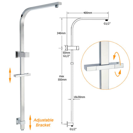 Chrome Twin Square Shower Set 8" Rain Shower Head 3 Function Handheld Rail Arm Taps.