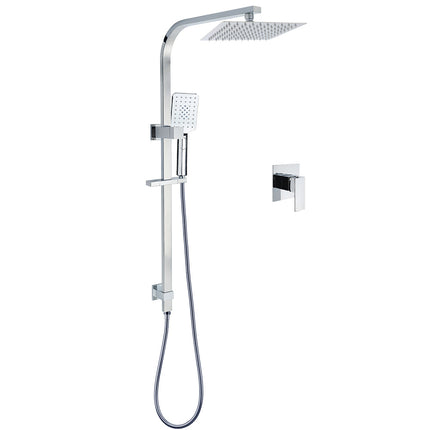Chrome Twin Square Shower Set 8" Rain Shower Head 3 Function Handheld Rail Arm Mixer.