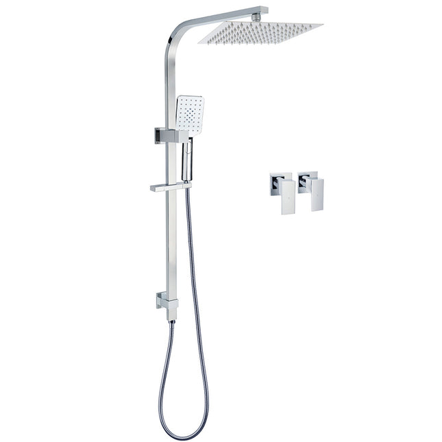 WELS Chrome 8" Twin Square Shower Set Rain Head 3 Modes Handheld Sliding Rail + Taps.