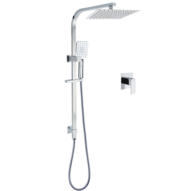 WELS Chrome 8" Twin Square Shower Set Rain Head 3 Modes Handheld Sliding Rail + Mixer.