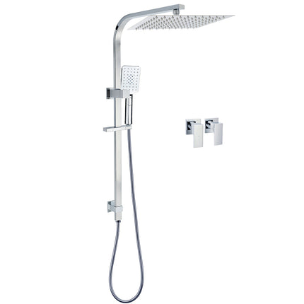 Chrome Twin Square Shower Set 12" Rain Shower Head 3 Function Handheld Rail Arm Taps.