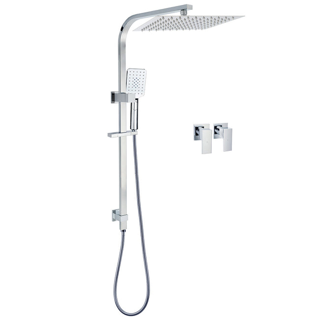 Chrome Twin Square Shower Set 12" Rain Shower Head 3 Function Handheld Rail Arm Taps.