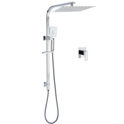 Chrome Dual Square Shower Set 12" Rain Shower Head 3 Function Handheld Rail Arm Mixer.