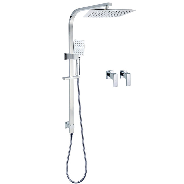 WELS 2 in 1 Square Shower Head Set 10" Rain Handheld Sliding Rail Arm Wall Double Taps.