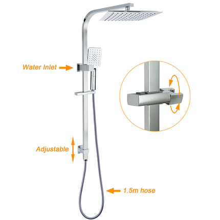 WELS 2 in 1 Square Shower Head Set 10" Rain Handheld Sliding Rail Arm Wall Mixer.