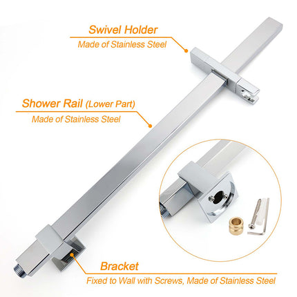 WELS 2 in 1 Square Shower Head Set 10" Rain Handheld Sliding Rail Arm Wall Mixer.