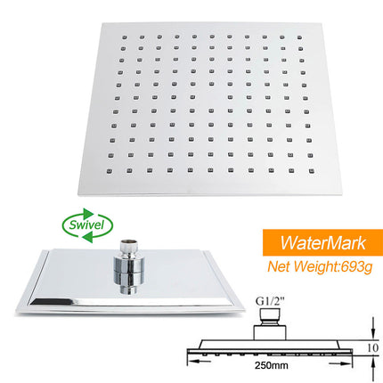 WELS 2 in 1 Square Shower Head Set 10" Rain Handheld Sliding Rail Arm Wall Mixer.
