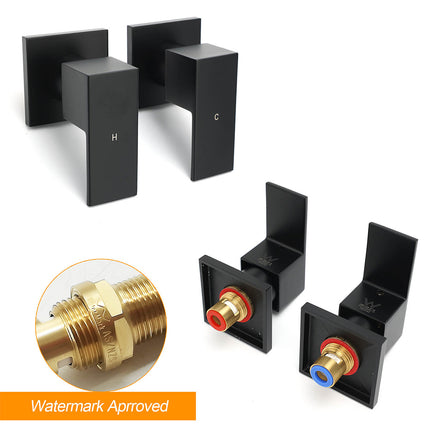 Matt Black Brass 1/4 Turn Round Hot Cold Tap Wall Set For Shower Vanity Spout.